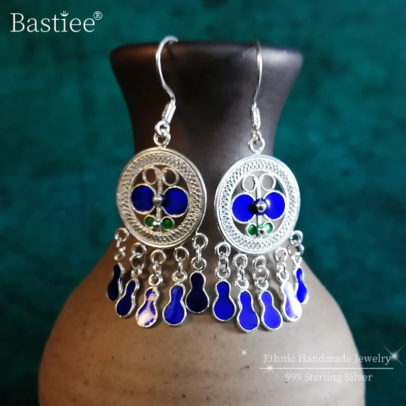 Bastiee Women's Earrings Tassels Luxury Earings Butterfly 999 Sterling Silver Jewelry Cloisonne Enamel Hmong Handmade Jewerly