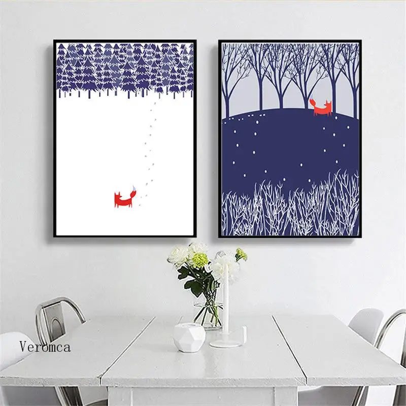 

Canvas Painting Decorative Picture Home Decor Wall Art Nordic Print Winter Snow Landscape Fox Forest Scenery Poster for Bedroom