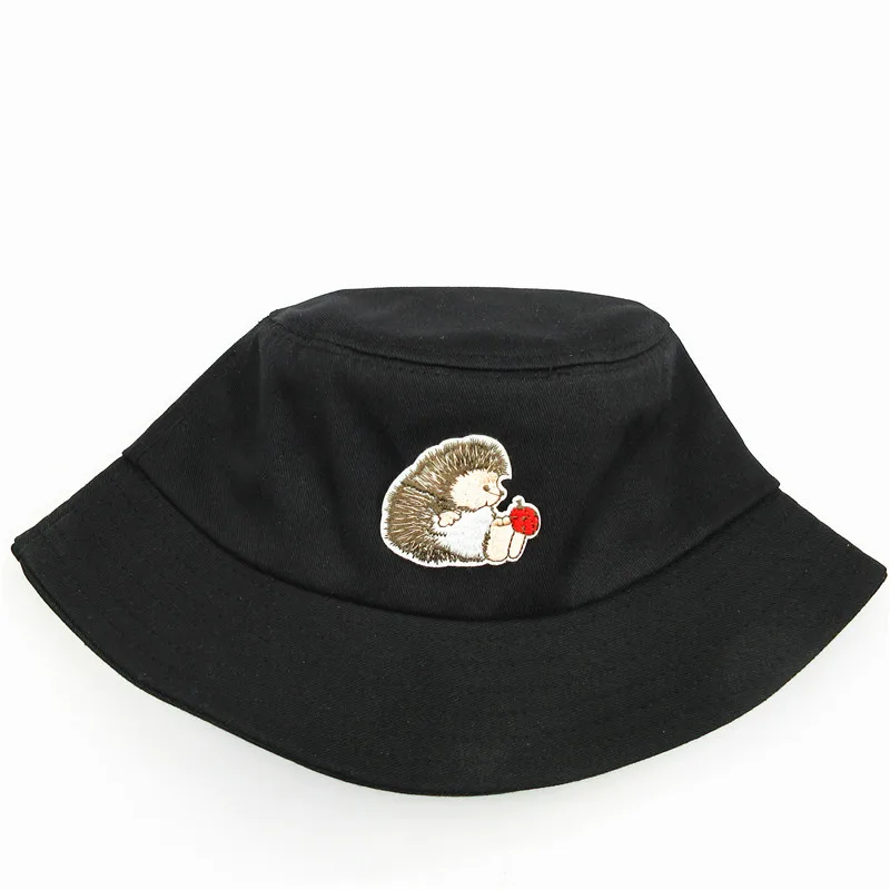

2021 Hedgehog Animal Embroidery Cotton Bucket Hat Fisherman Hat Outdoor Travel Hat Sun Cap Hats for Men and Women 198