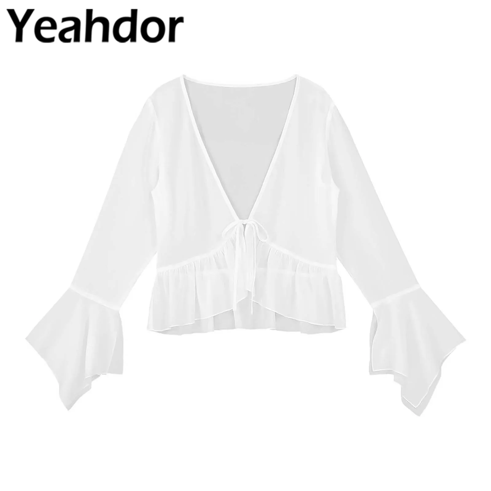 

Womens Ladies Shawl Shrug Lace-up Ruffled V Neck Flare Sleeve Chiffon Bolero Cover Ups for Wedding Party Evening Wrap Bridal