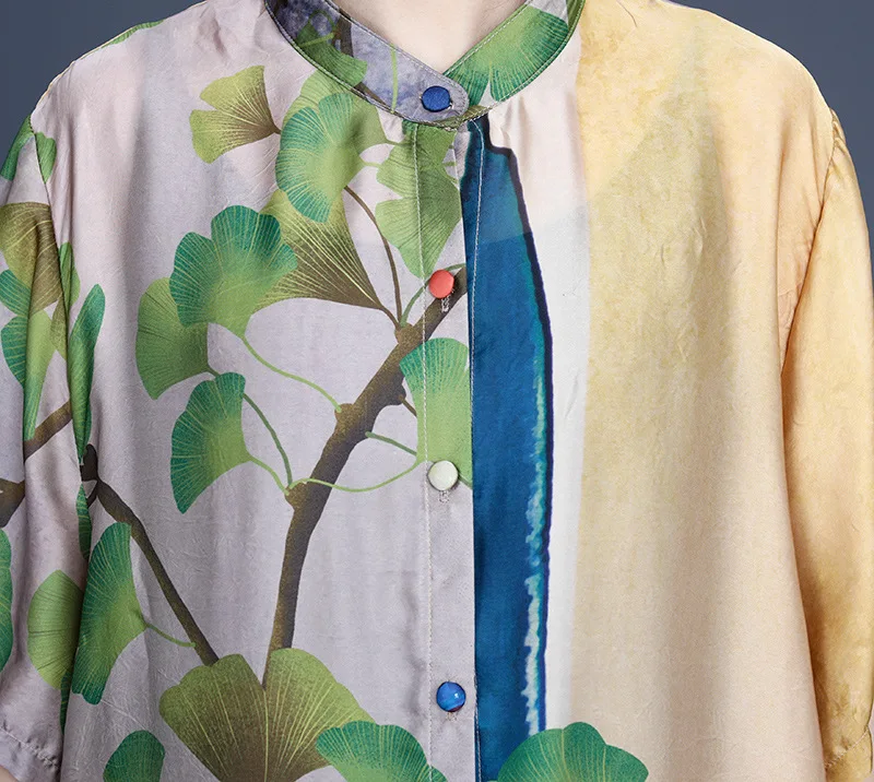 

VANOVICH 2021 Summer New Loose Print Apricot Big Size Long Shirt Nine Point Wide Leg Pants Two Pieces Sets