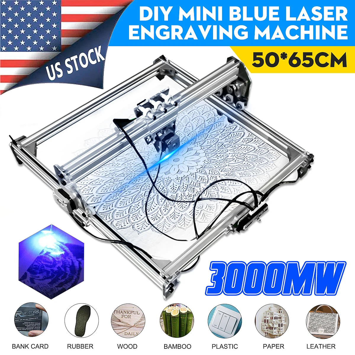 50*65cm Mini 3000MW Blue Laser Engraving Engraver Machine DC 12V DIY Desktop Wood Cutter/Printer/Power Adjustable+ Laser