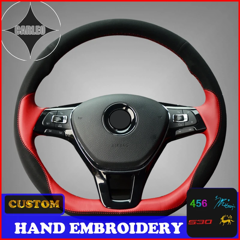 Holder for VW Passat B8 Golf 7 Mk7 New Polo Jetta Suede Leather Custom Stitchwork Embroidery Steering Wheel Cover Top Layer