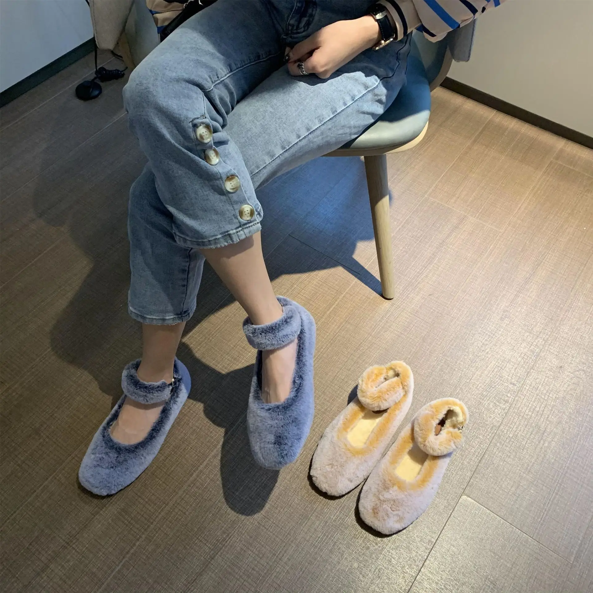 Женские Меховые Туфли Мэри Джейн на ремешке с пряжкой и круглым носком Зимние