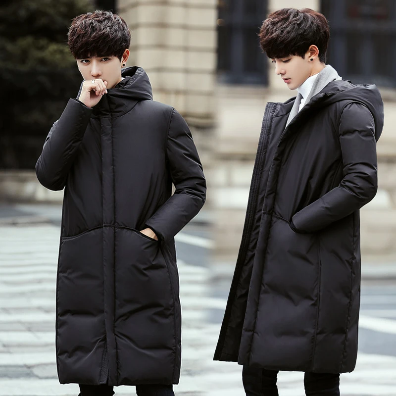 2021 Winter Solid Color Men's Long Hooded White Duck Down Jackets Think Warm Parkas Outwear Windbreaker Tops Black/Grey Coats
