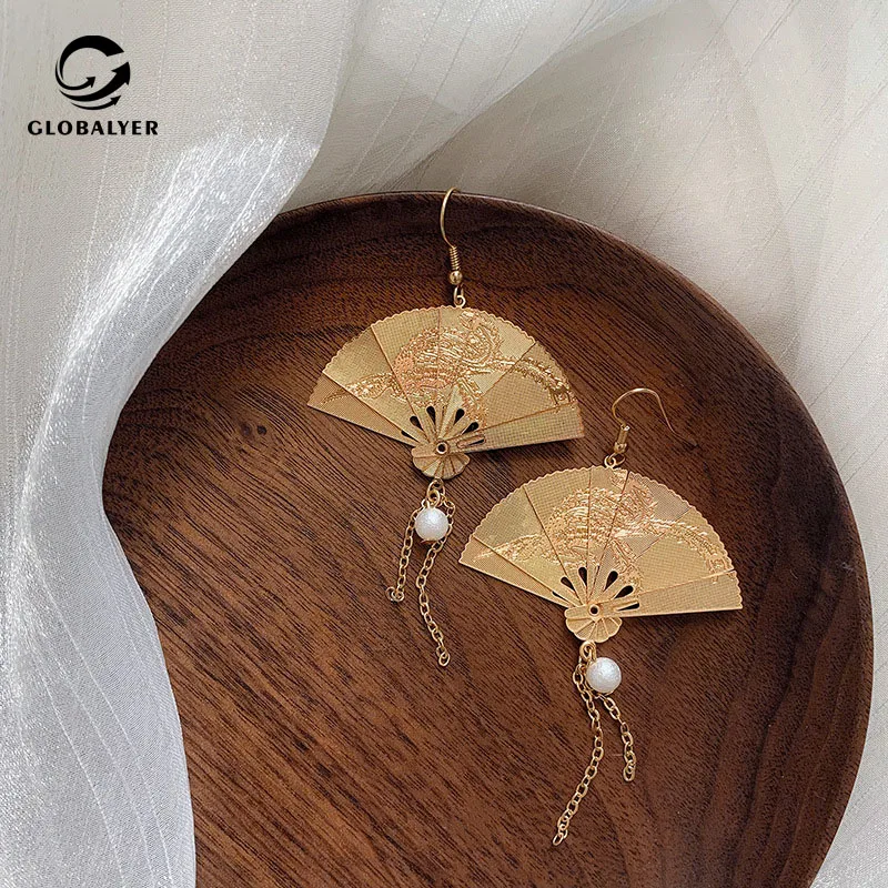 Китайские стильные серьги в стиле ретро веерные висячие Hanfu уникальные античные