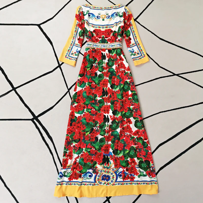 

Plus Size Long Dress Autumn New Women'S Fashion Party Sexy Boho Beach Vintage Elegant Chic Red Flowers Print Chiffon Dresses