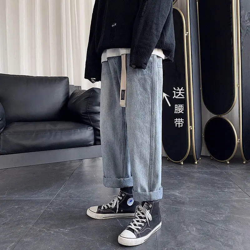 

Spring retro trendy jeans men's Korean casual loose straight student versatile trend 9-point pants men's