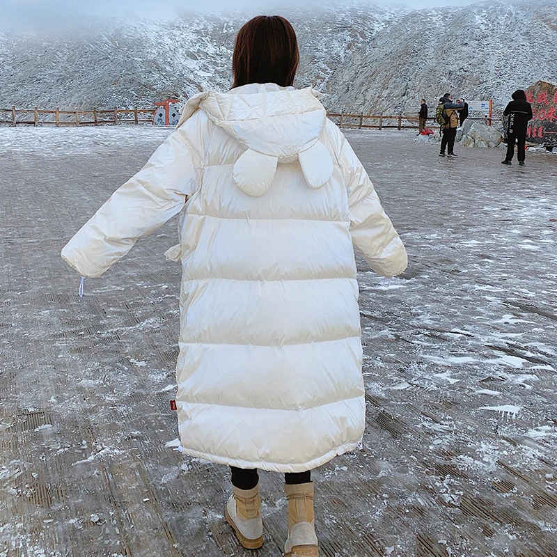 

Rabbit Hooded Bright Pleated Parkas Women Pluz Size Thick Causal Bread Coat Korean Sweet Long Warm Jacket 2020 Winter Fashion