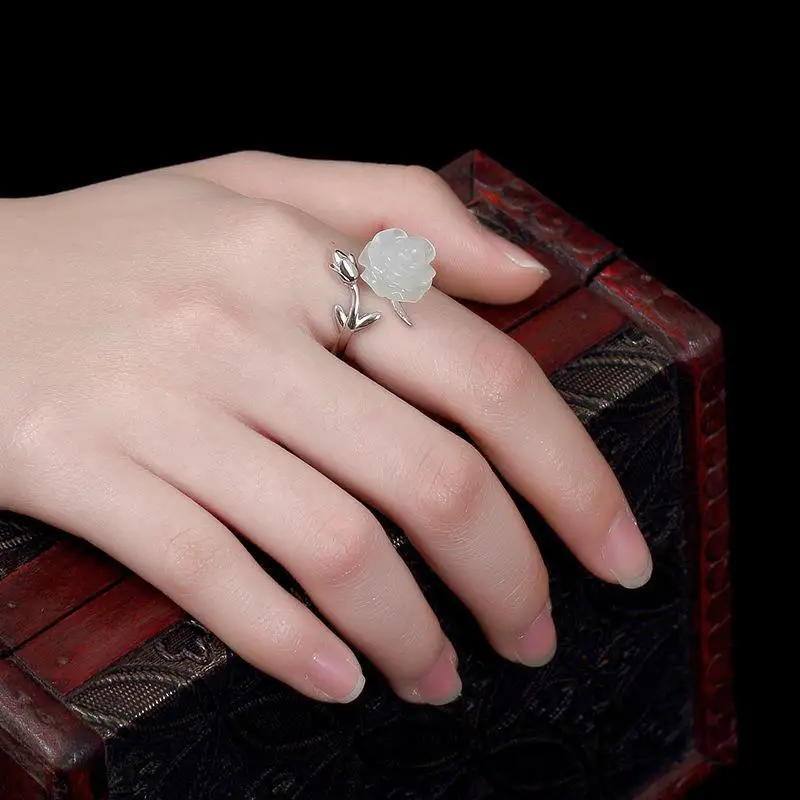 

Original Jewelry S925 Sterling Silver Vintage Natural Hetian Jade White Jade Rose Women's Opening Ring Ring Gift