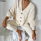 Женский трикотажный костюм TYHRU, однобортный свитер с конопляными цветами и V-образным вырезом и штаны, зимний комплект из 2 предметов