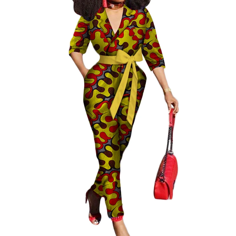 Женский комбинезон с коротким рукавом V образным вырезом и рукавом|Африканская