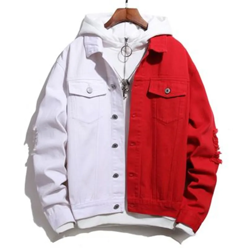 

Autumn Spring men denim jacket fashion self-cultivation casual two-color stitching black/red black/blue black/white jeans jacket