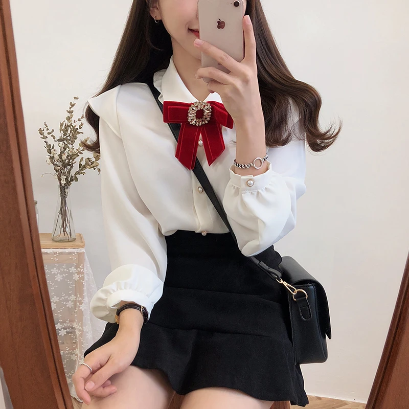 Женская блузка топы элегантная бабочка длинный рукав женская рубашка модная с