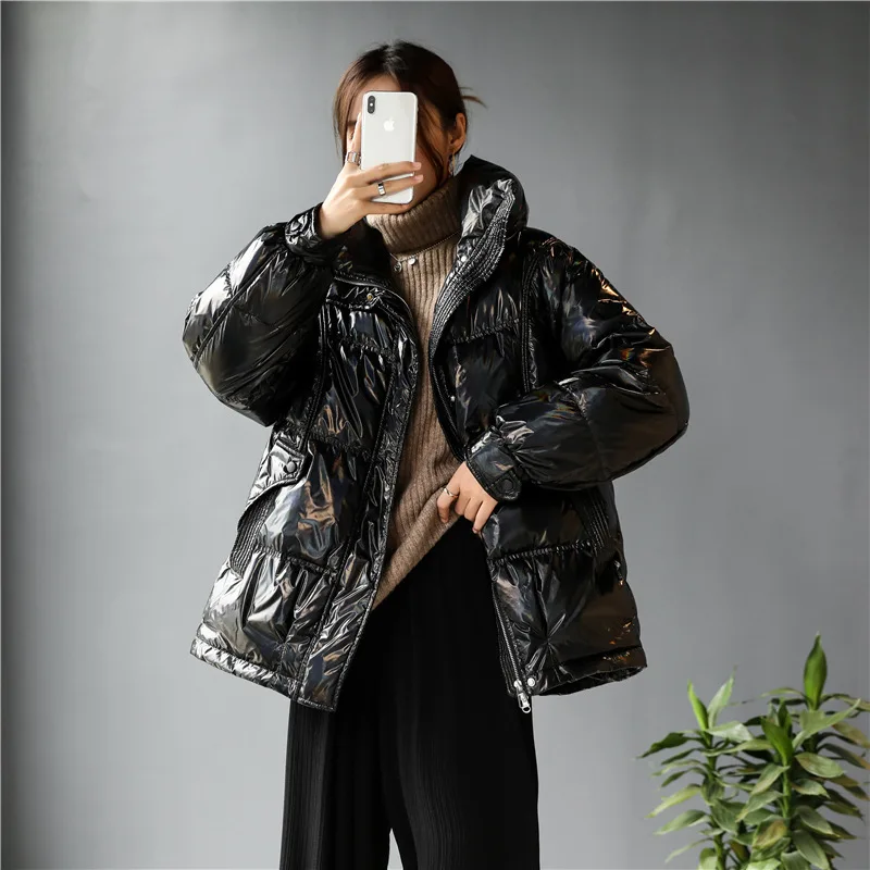 

Fashion Womens White Duck Down Glossy Long Winter Down Jacket New Women Coat Clothes