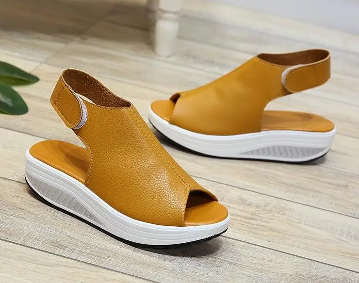 

4 Styles Summer Women Sandals Platform Wedges Sandals Leather Swing Fish Mouth Casual Shoes Women Walk Shoes Flats Size 35-42