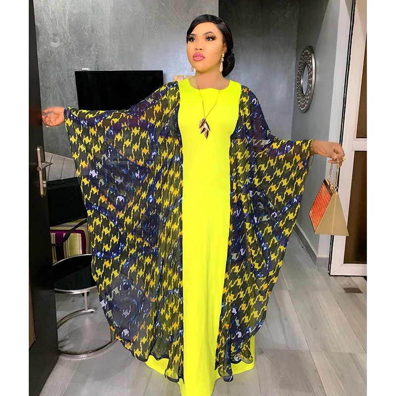 

High Quality 2020 Fashion Women Dress African Colorful Pattern Print Splice Bat Sleeve Long Dress Gorgeous Lady Clothes