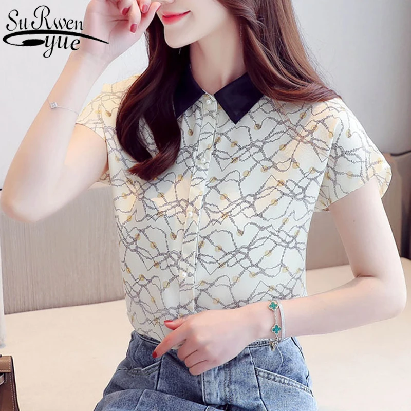 

Korean Style Printed Chiffon Blouse Female Summer New Contrast Short Sleeve Base Shirt Blouse Turn Down Collar OL style 9455 50