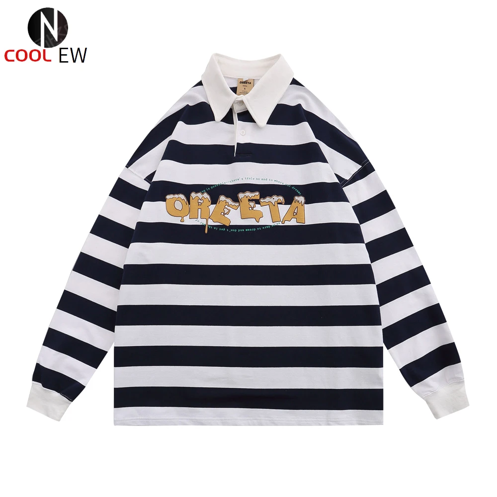 

Letter Print Striped Polo Shirt Mens Autumn Casual Horizontal Striped Lapel Cotton Tee Loose Long Sleeve T-shirt Men