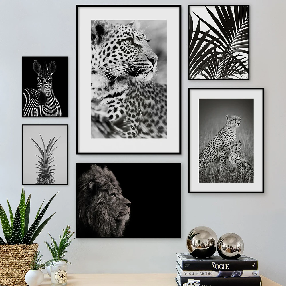 

Black and White Poster Print Leopard Cheetah Zebra Lion Palm Pineapple Wall Art Picture Canvas Painting Nordic Modern Home Decor