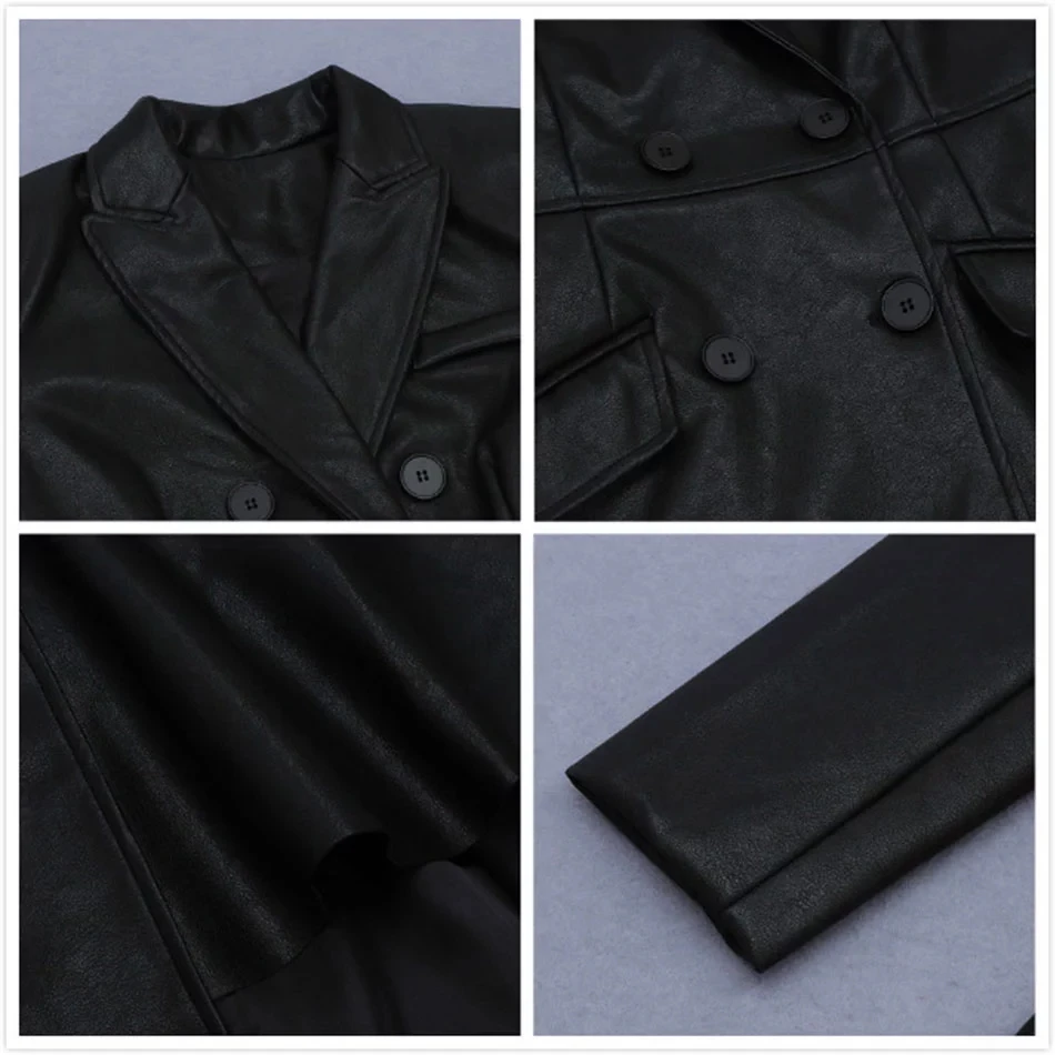 

High Quality Women 2020 Winter Sexy Lapel Long Sleeve Pu Leather Double Breasted Belt Dress Bodycon Club Party Dress Vestidos