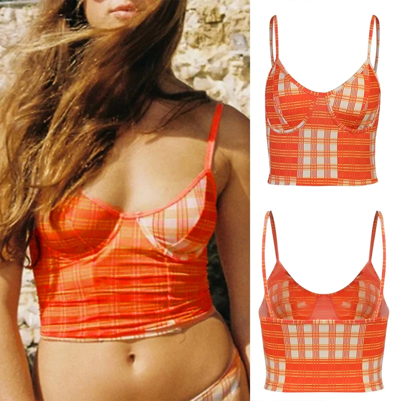 

Sexy V-Neck Slim Camisole Check Print Streetwear Girl Summer Casual Fashion Crop Tops