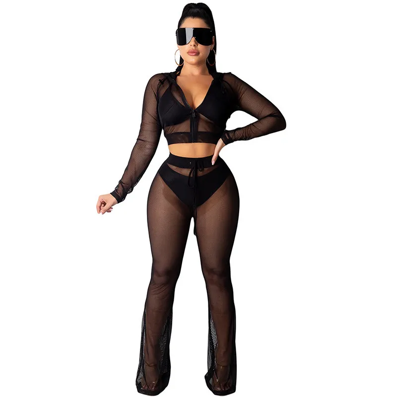 Черный прозрачный сетчатый комплект из двух предметов женский спортивный костюм