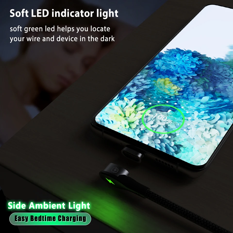 Магнитный кабель 90 градусов Micro USB Type-C зарядный для Samsung S20 A51 A70 3A быстрый передачи