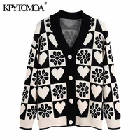 kpytomoa women 2021 fashion jacquard loose knit cardigan sweater vintage long sleeve covered buttons female outerwear chic tops