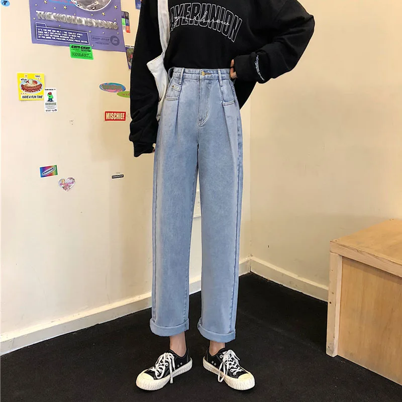 

2021 new blue plus size fashion all-match high waist jeans women straight leg pants