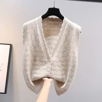 2022 wave v neck knit sleeveless sweater short vest loose spring coat tops waistcoat lady top cloth for women girl beige