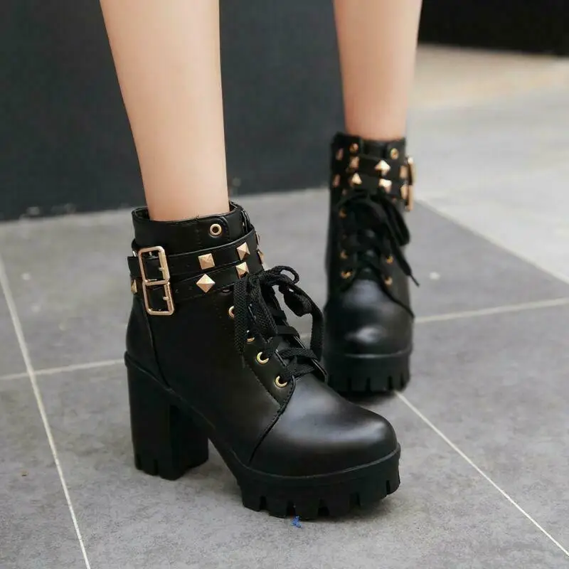 

Womens Gothic Rivets Block Heel Lace Up motorcycle Ankle Boots Shoes Size 34-43