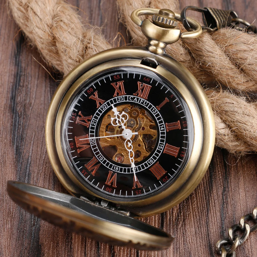 Retro Bronze Hollow Circles Display Mechanical Hand Winding Pocket Watch Roman Numerals Luxury Manual Mechanical Timepiece Gift