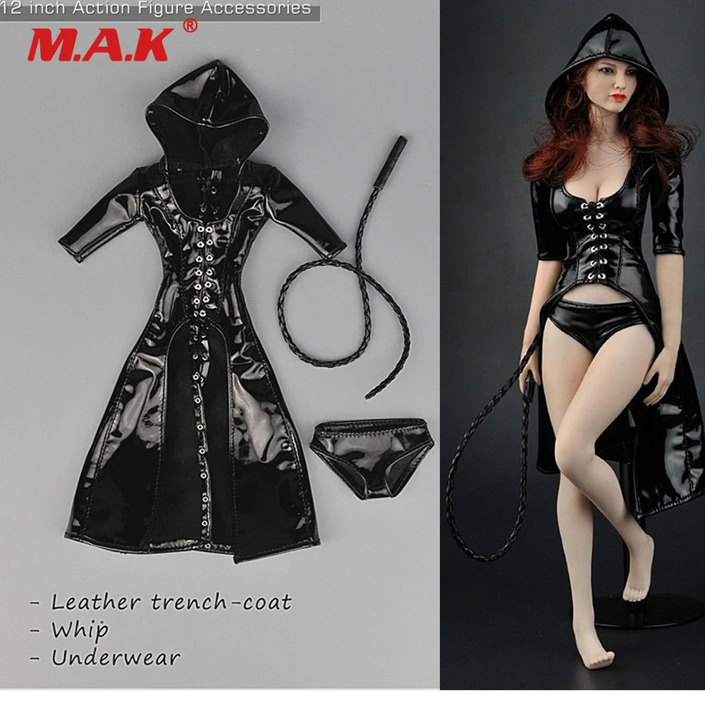 

ZY5018 1:6 Sexy Female Black Leather Clothes Set Hooded Leather Coat & Underpants & Whip Set for 12'' Action Figure Body