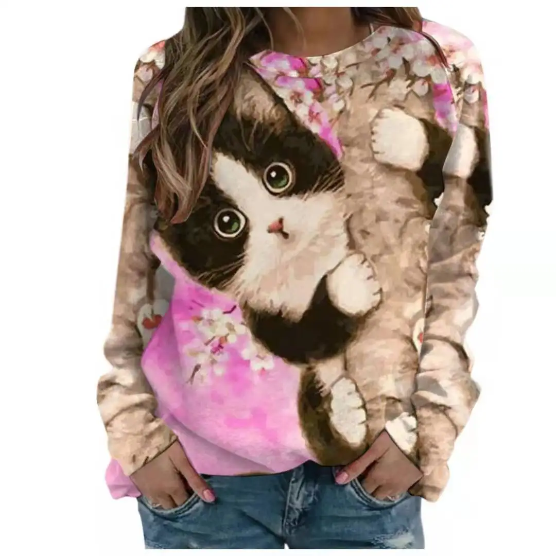 

Новинка Осень-зима, стильная свободная Милая футболка с принтом мультяшного кота, женский свитер с длинным рукавом и круглым вырезом, Женск...