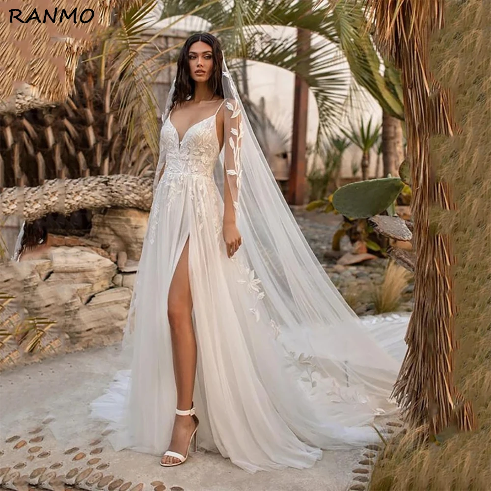 

Boho V Neck A Line Lace Wedding Dresses High Split Tulle Appliques Backless Bridal Gowns Spaghetti Straps Long vestidos de novia