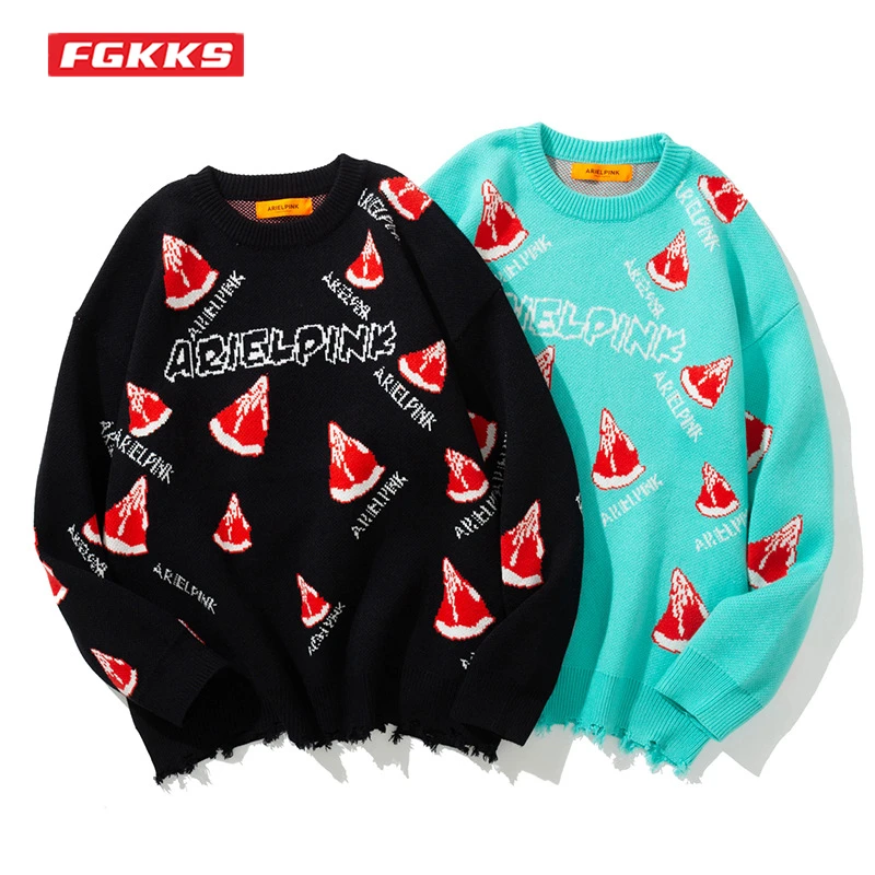 

FGKKS Autumn Winter New Men's Korean Sweaters Hip Hop Harajuku Watermelon Print Pullover High Street Loose Couple Sweater Male