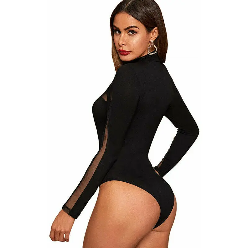 

Sexy Women Turtleneck Mesh Spliced Bodysuit Jumpsuit Ladies Long Sleeve Leotard Tops Black Skinny See Through Playsuit Clubwear