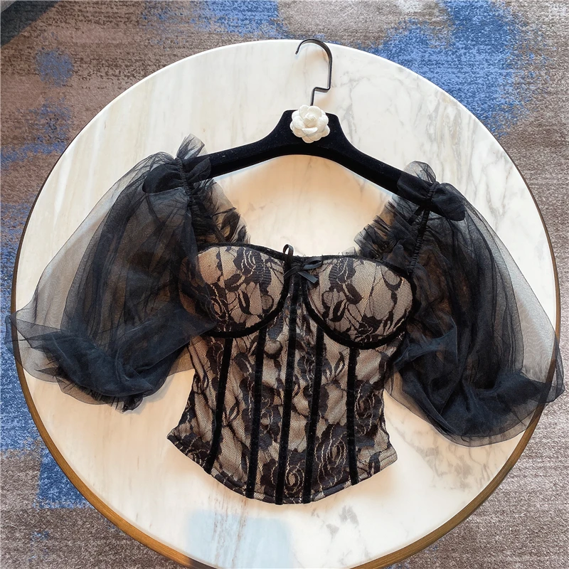 

Court Style Lace Embroidery Gauzy Shirt Blouse Women Lantern Sleeve Crop Top French Retro Blusa 2021 Summer New Fashion Clothing
