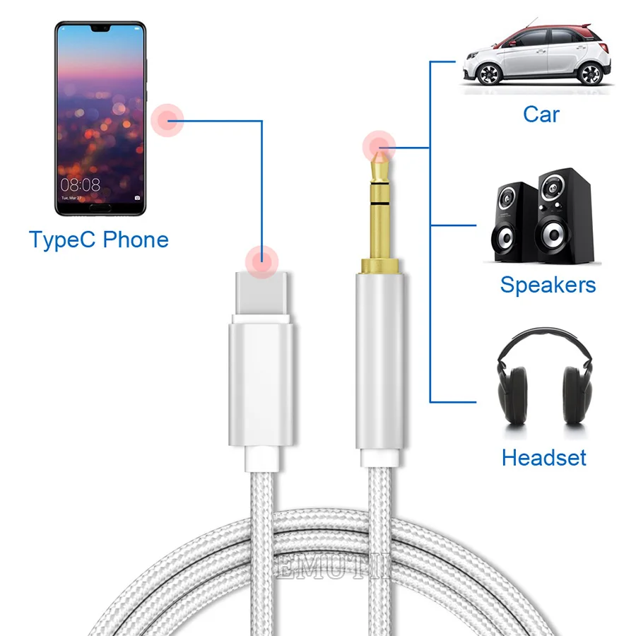 2021 New Type C to 3.5mm Aux Audio Cable Jack Adapter Cable Speakers Car TypeC To 3.5  Splitter Adaptor  USBC Adapter Wire Line