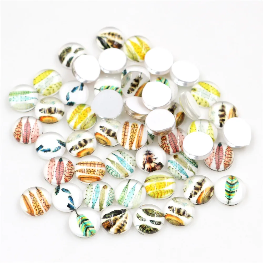 

Hot Sale 50pcs 8mm And 10mm 12mm Feather wings Mixed Handmade Glass Cabochons Pattern Domed Jewelry Accessories Supplies