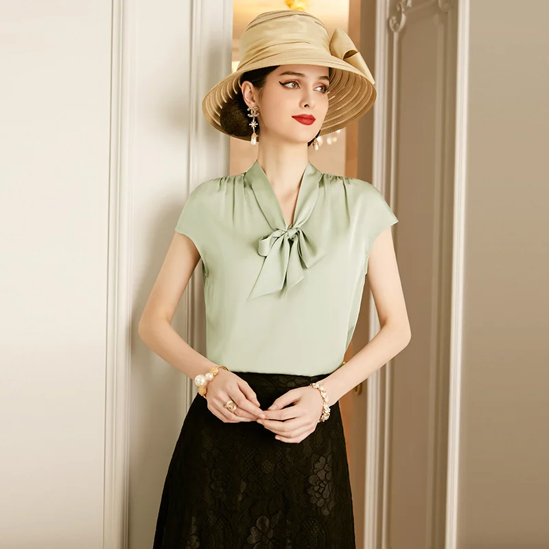 

Женская шелковая рубашка SHZQ, зеленая трава, новая летняя Модная рубашка из шелка тутового шелкопряда, тонкая рубашка на шнуровке для женщин,...