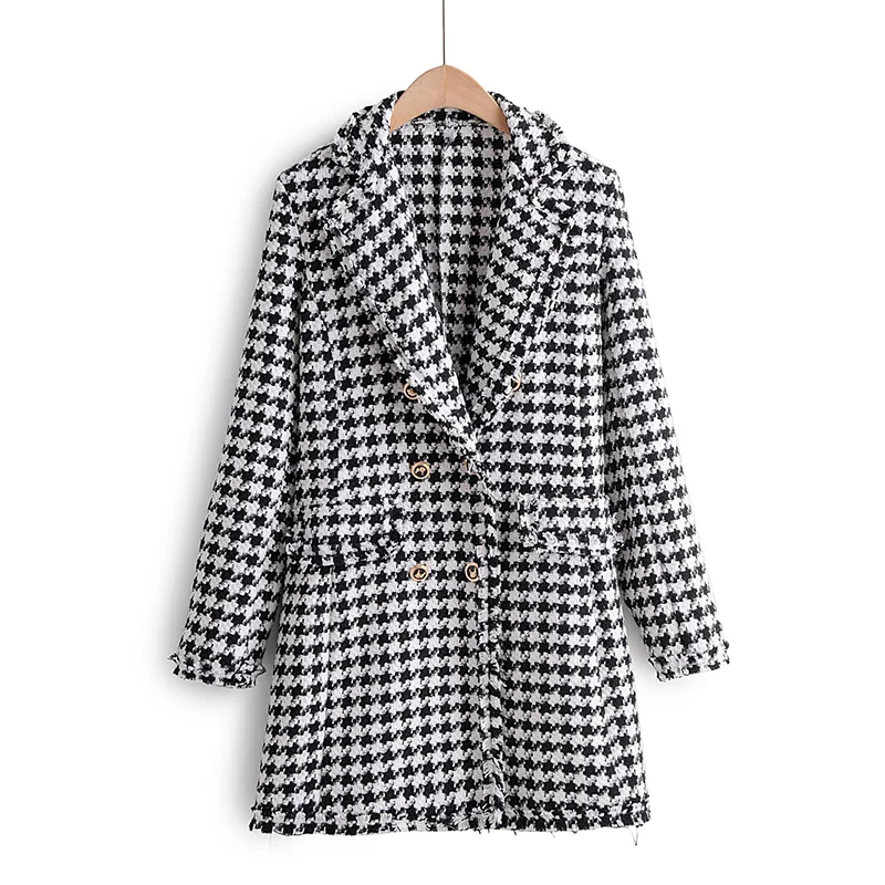 Женский твидовый блейзер в клетку винтажный стильный длинный пиджак с зубчатым