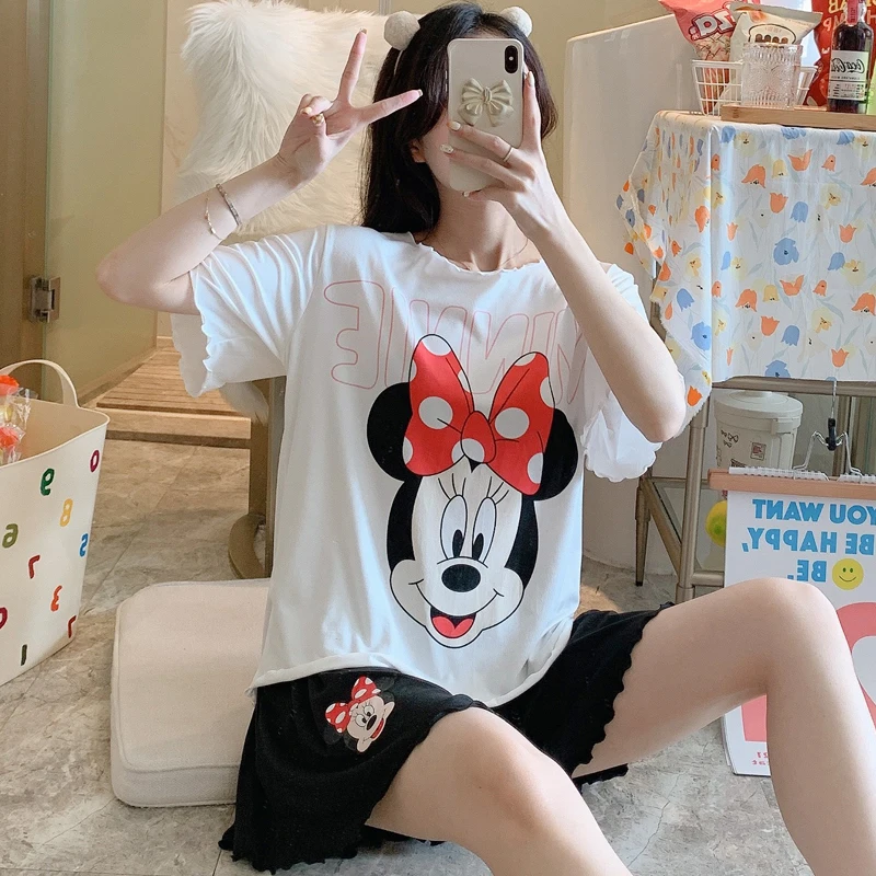 Disney Anime Minnie Mouse Daisy Cute Kawaii Pijama Mujer Verano with Shorts Loose Soft 2 Piece Set Sleepwear Women Home Suit