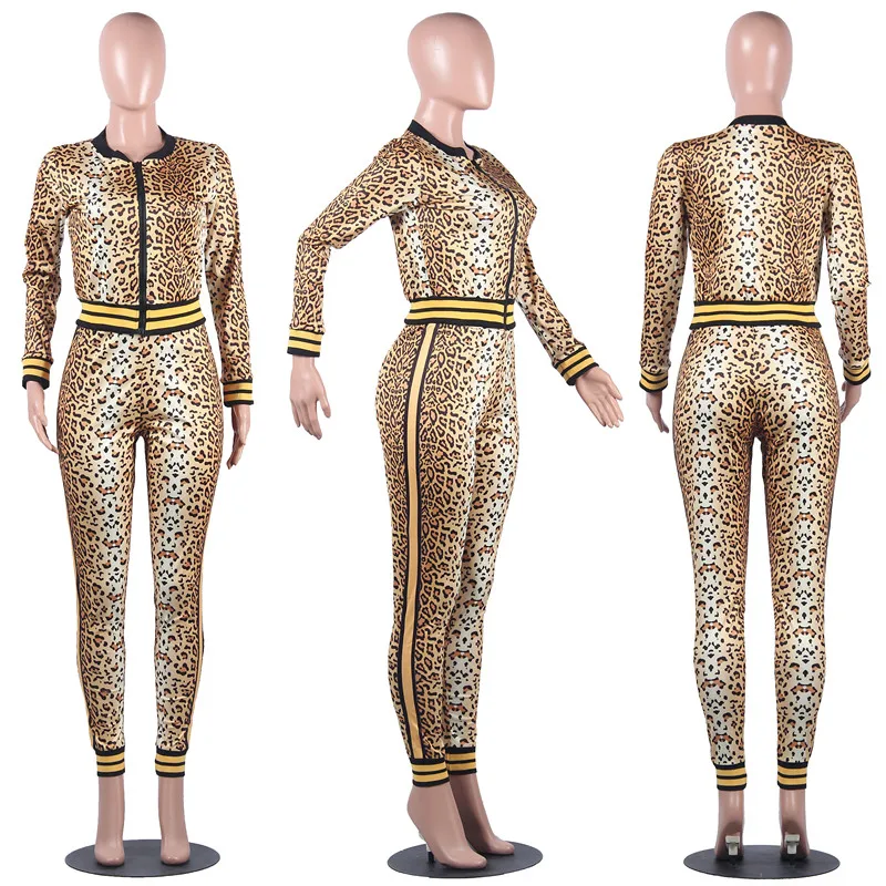 GL зимние женские спортивные костюмы с круглым вырезом и леопардовым принтом