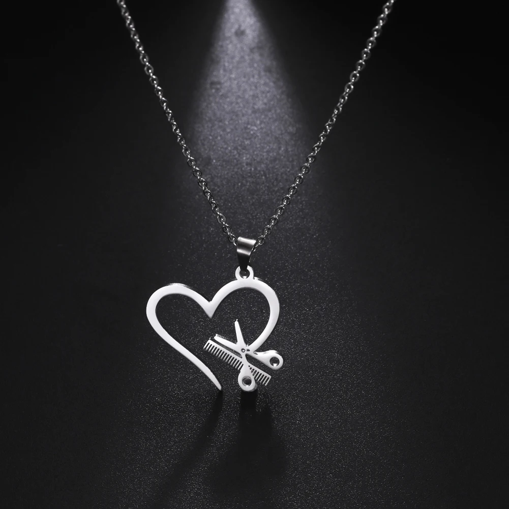

My Shape Scissors Comb Tools Heart Necklaces Women Men Barber Stainless Steel Pendant Necklace Fashion Jewelry Hair Dresser Gift