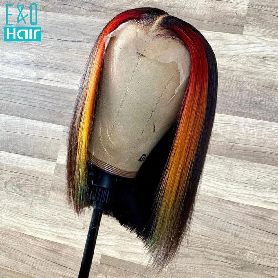 Orange Colored Honey Blonde Short BOB Lace Part Human Hair Wigs For Women Pre Plucked Brazilian Remy Highlight 180% | Шиньоны и парики