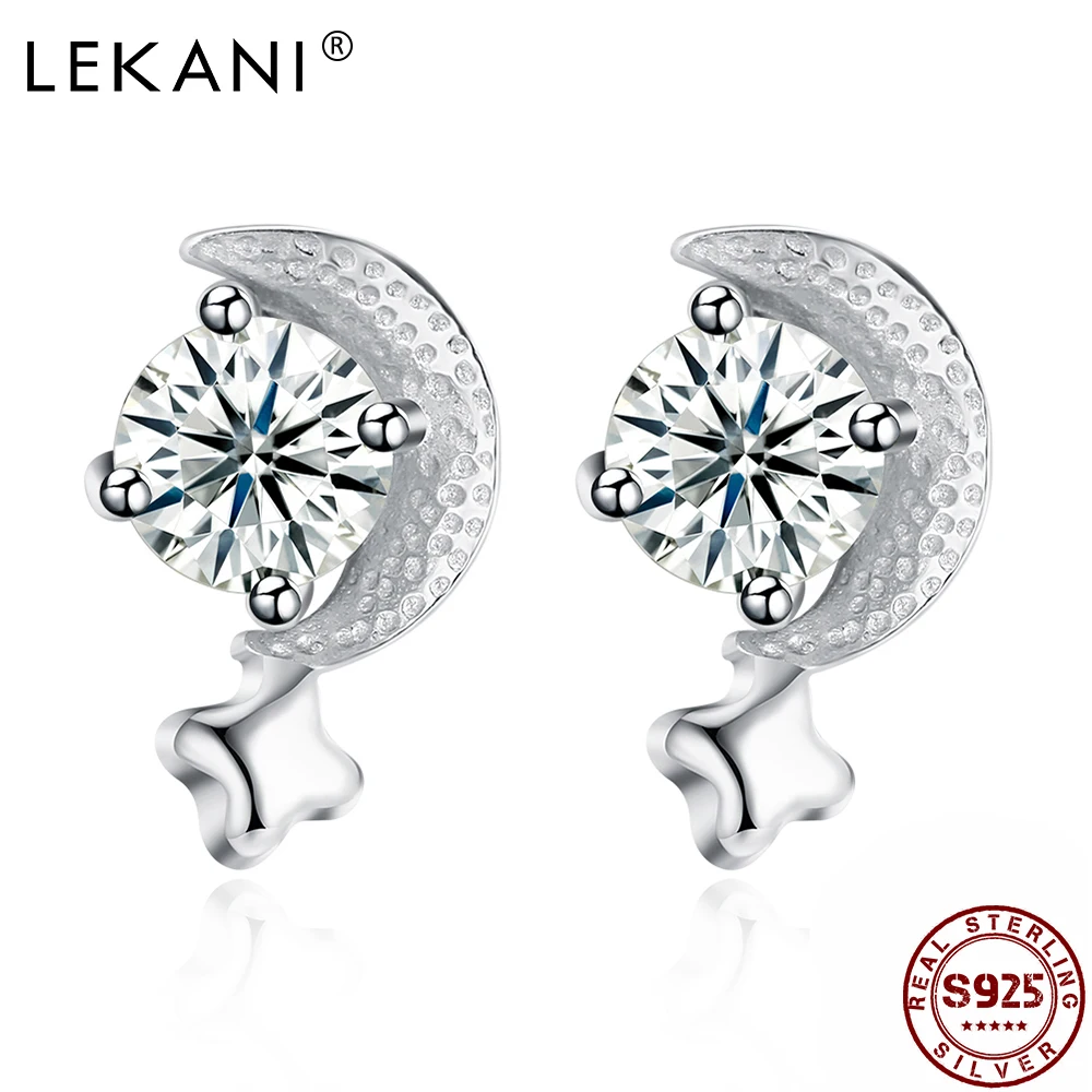 

LEKANI Romantic Star And Moon 925 Sterling Silver Stud Earrings For Women Clear Cubic Zirconia Girl Earring Simple Fine Jewelry