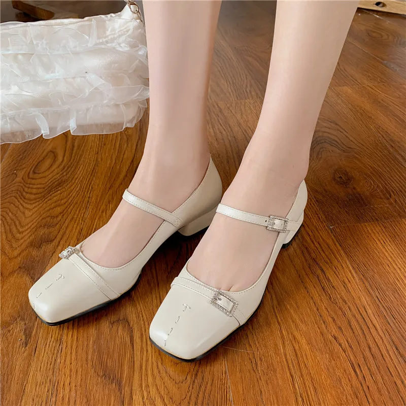 

VERCONAS Casual Sweet Genuine Leather Women Pumps Mary Janes Low Heels Rhinestone Buckle Square Toe Shoes Woman Spring Concise