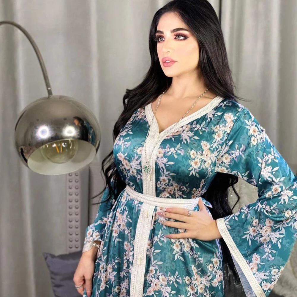 Muslim Fashion Women Luxury Dress Sky Blue Abaya Soiree Dubai Islamic Clothing Turkey Beautiful Printed Flora Kaftan Clothing